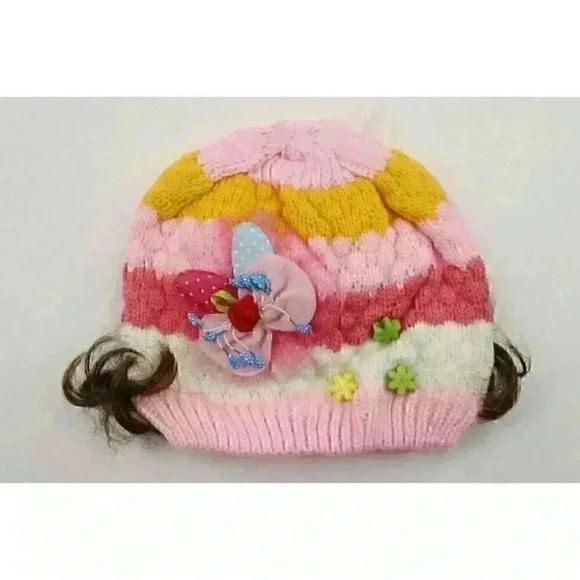 HAND knitted girl hat with knitted applique with beads for 3-6 year old. NEW. - Picture 3 of 11